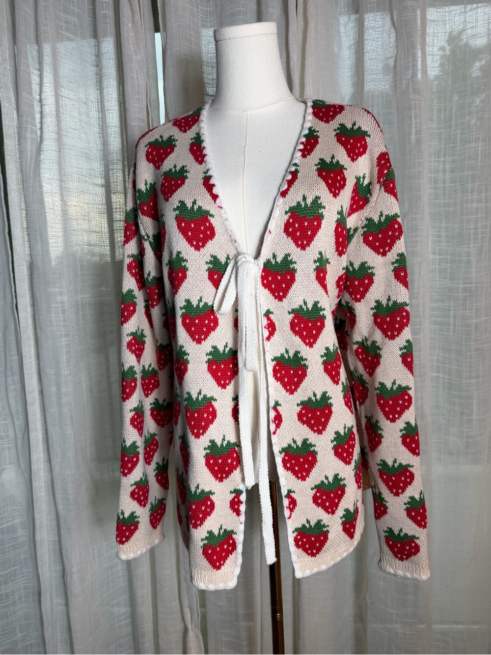 Main Strip Cream Cardigan with Red Strawberry Motif and Green Leaves